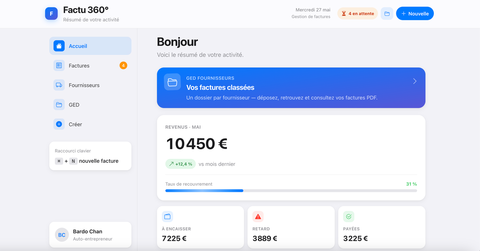 Interface Factu360 affichant les factures, fournisseurs et indicateurs de paiement